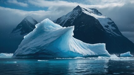 A majestic iceberg floats in serene waters, framed by towering snow-capped mountains.