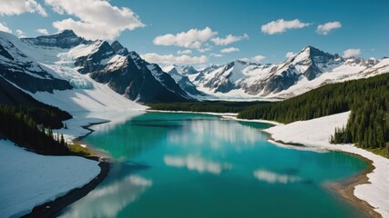A serene mountain landscape featuring a turquoise lake and snow-capped peaks.
