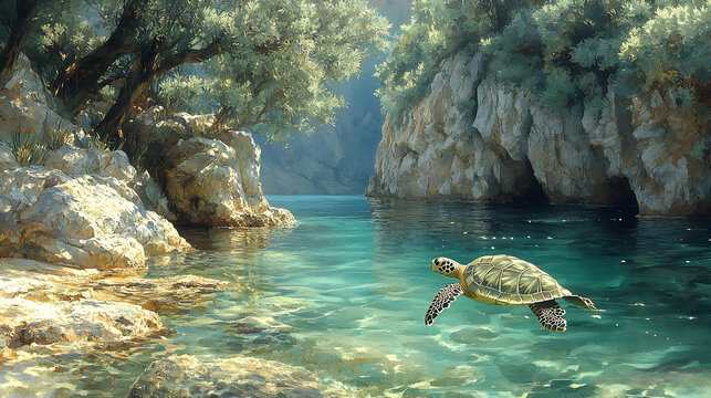 A sea turtle swims through clear turquoise waters surrounded by rocky cliffs and lush trees in a tranquil coastal parad
