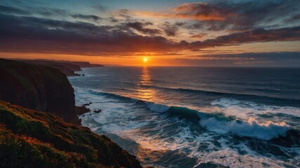 Obraz premium A stunning sunset over the ocean, with waves crashing against the cliffs.