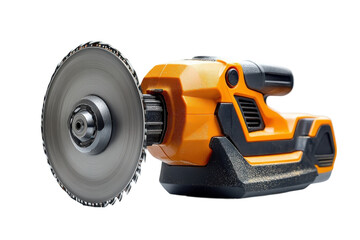 Fototapeta premium A Powerful Cordless Circular Saw, Ready For Action, Gleaming With Vibrant Orange And Black Accents Against A Stark Isolated on Transparent Background, Showcasing Its Sharp, Precise Blade