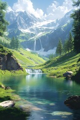 A Beautiful Landscape Depicting Mountains Trees And Clear Water