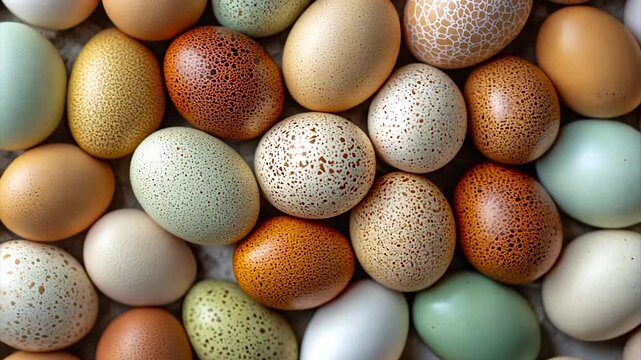 Colorful assortment of speckled eggs arranged on a textured surface