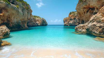 A secluded cove reveals turquoise waters nestled between rocky cliffs under a clear blue sky a serene coastal paradise