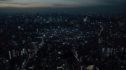 Obraz premium Digital network lines connecting above an urban metropolis at night