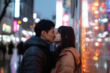 A romantic moment between a couple sharing a kiss under vibrant city lights at night, embodying love and connection in an urban setting.