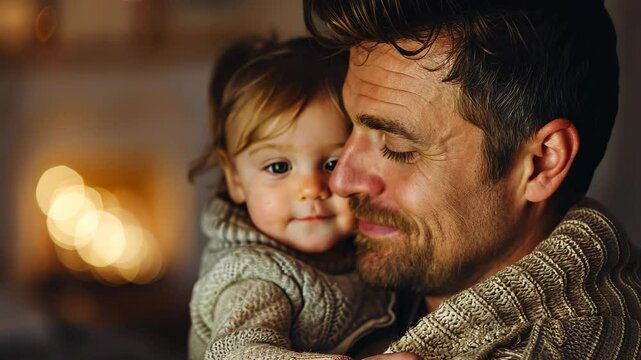 A heartfelt embrace between a father and his baby girl radiates love as they both face the camera.