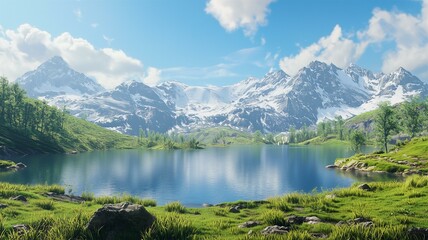 Fototapeta premium Photorealistic mountain landscape with clear lakes, green meadows, and snow-capped peaks in bright daylight 