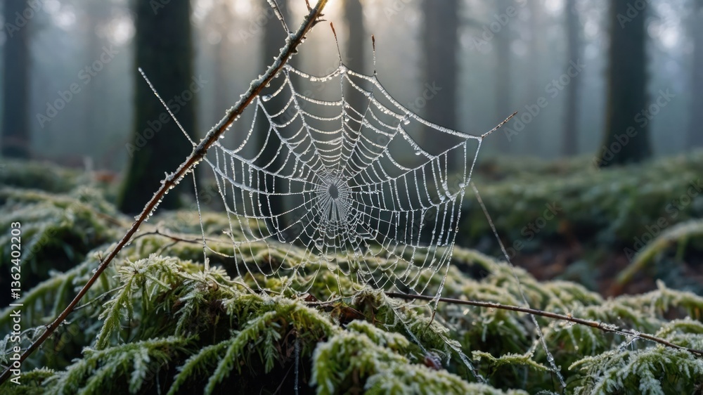 Poster a delicate spider web adorned with dew drops in a misty forest setting.