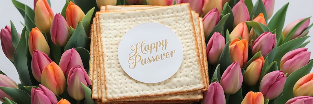 HAPPY PASSOVER GREETING WITH MATZAH AND TULIPS &ndash; JEWISH HOLIDAY CELEBRATION BACKGROUND WITH TRADITIONAL UNLEAVENED BREAD AND FESTIVE DECORATIONS FOR PESACH DAY