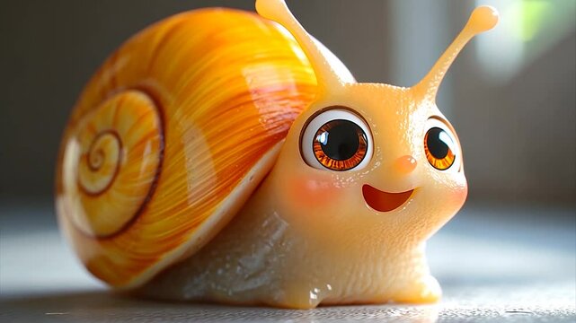 Cute cartoon snail with a vibrant shell smiling in a bright setting