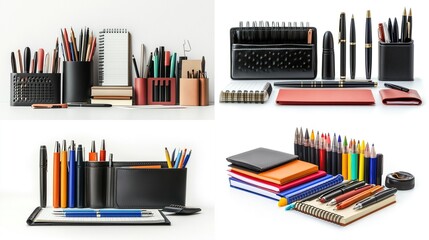 Four images showcasing various stationery items including pens, pencils, notebooks, and organizers.