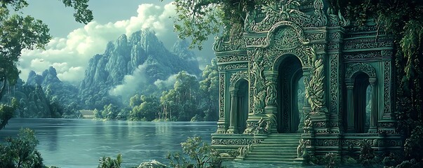 Obraz premium Enchanting ancient ruins by a serene lake, surrounded by lush greenery and misty mountains.