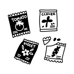 Illustration of a set of packages with seeds. Flowers, vegetables, grass. An isolated group. Ideal for projects on gardening, organic farming, sustainability, home gardening and seasonal plants