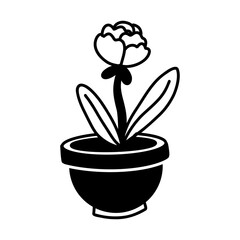 blooming flower in a flower pot. Illustration of a flat monochrome drawing. A single subject of botany at home. It is ideal for use in projects related to ecology, gardening and interior decoration.
