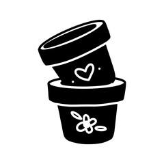 A group of two flower pots. Illustration of a flat monochrome drawing. A single subject of botany at home. It is ideal for use in projects related to ecology, gardening and interior decoration.