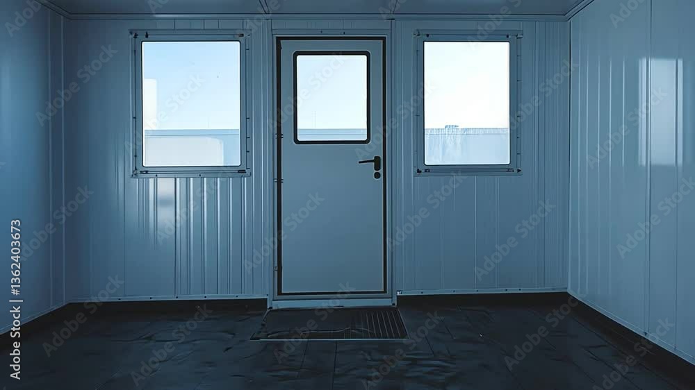 Aufkleber spacious and bright minimalistic interior of modular building with single door and large windows for