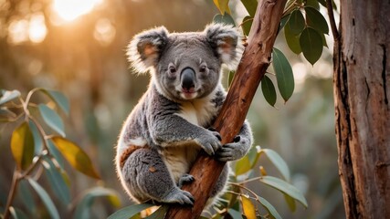 Fototapeta premium A koala clings to a tree branch surrounded by green leaves in a natural setting.