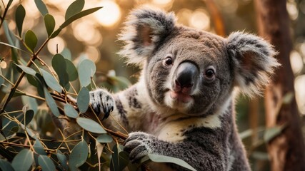 Fototapeta premium A close-up of a koala perched on eucalyptus leaves, showcasing its expressive face.