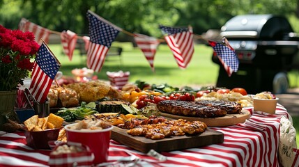 A relaxing Memorial Day picnic with flags, grilled food, and family pic