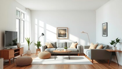 Cozy minimalist living room, natural light, simple decor, decor, sofa