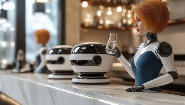 Female Robot Waiter Holds Glass at Modern Bar Counter AI Service