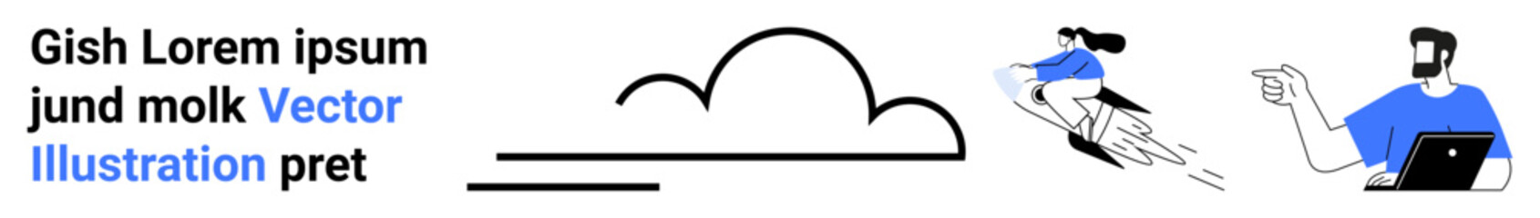 Cloud shape with horizontal line, woman flying with tools, man pointing while using a laptop. Ideal for teamwork, remote work, online storage, cloud computing, collaboration, technology flat landing