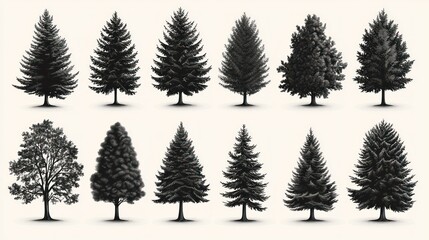 Collection of Twelve Diverse Trees in Monochrome