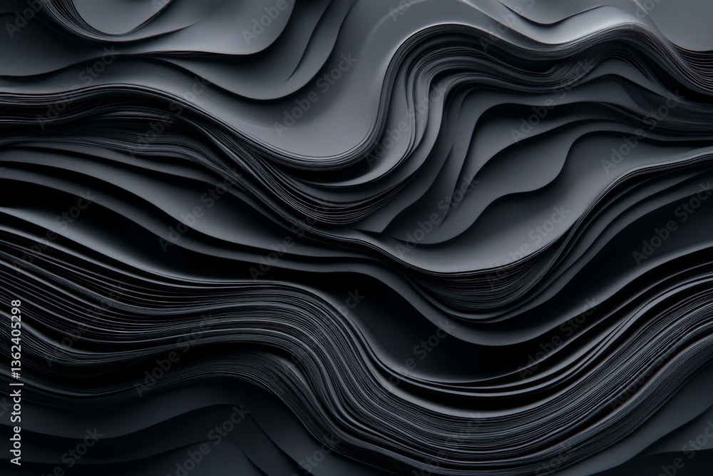 Poster flowing black abstract wave structure with silky liquid texture resembling dark fabric folds or digi