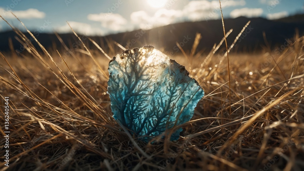 Poster a translucent blue crystal with intricate patterns, illuminated by sunlight in a grassy field.