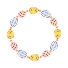 Happy Easter Round frame with painted eggs. Happy Easter hand drawn card on white background. Empty space for inscription in the center. Flat illustration with partial outline. Isolated vector