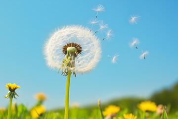Naklejka premium dandelion on blue sky background, dandelion