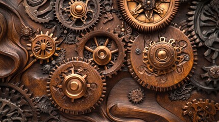 Detailed close-up view of intricate gears and cogs, intricately carved and assembled on a wooden surface.  