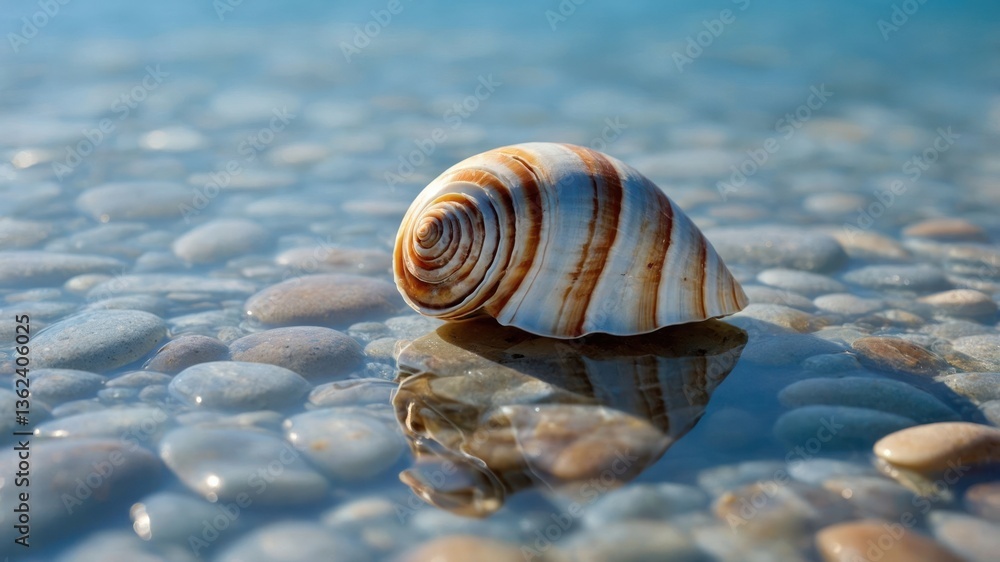 Poster a close-up of a striped shell resting on smooth pebbles by the water's edge.