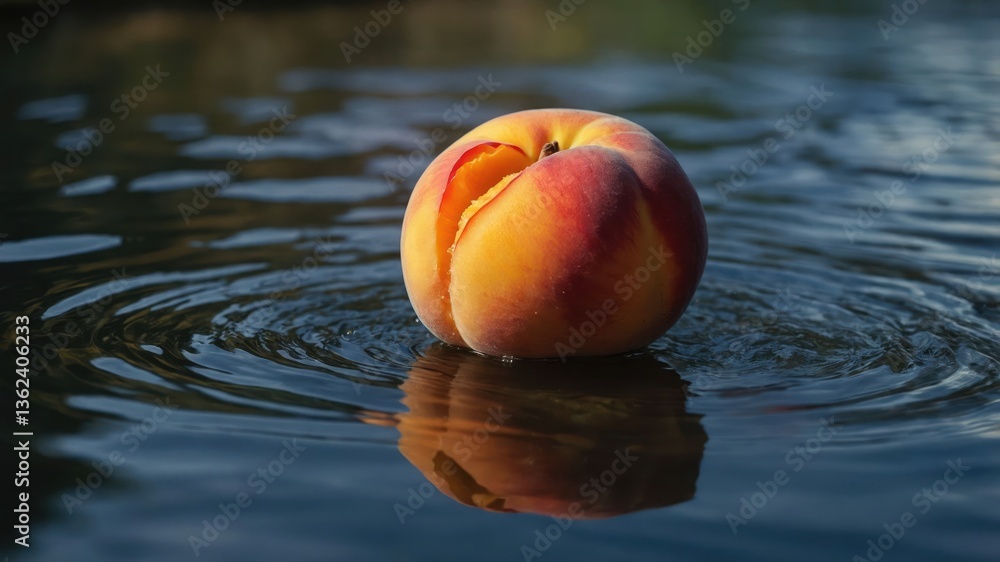 Poster a peach floating on water, creating ripples and reflections.