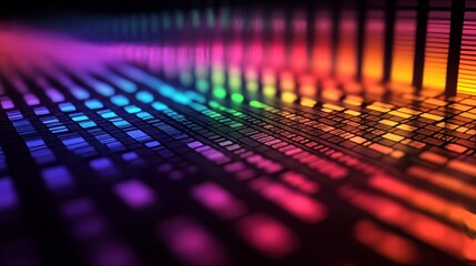 A realistic 3D sound equalizer with bars moving in sync, vibrant colors on a black background