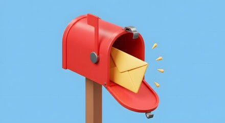 Vibrant Red Mailbox with Important Letter, 3D Rendered Image on Blue Canvas