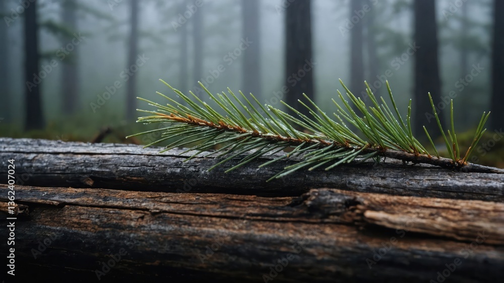 Aufkleber a close-up of a pine branch resting on a log in a misty forest.
