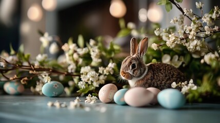 Cute bunny surrounded by decorative eggs and blossoms during a spring celebration in a cozy setting