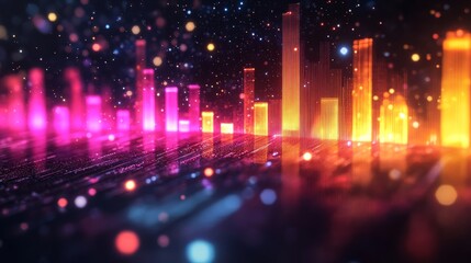 A sharp, realistic 3D equalizer with bright neon bars in motion, floating in space