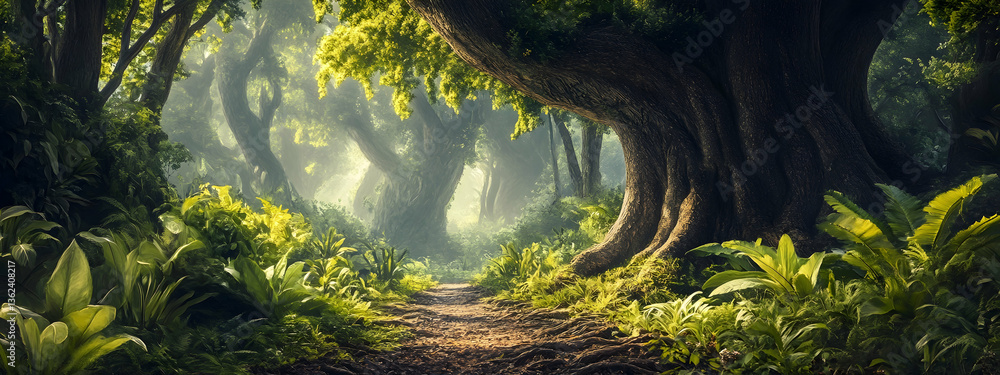 Poster rustic enchanted forest with large trees and tropical greenery -