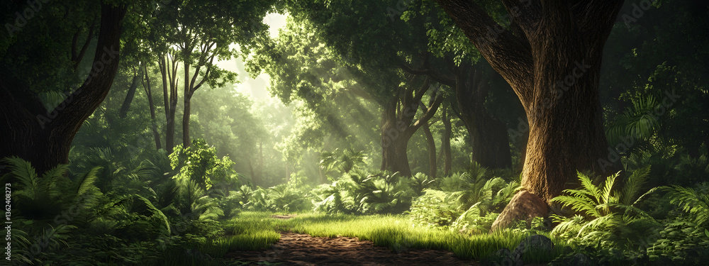 Poster rustic enchanted forest with large trees and tropical greenery -