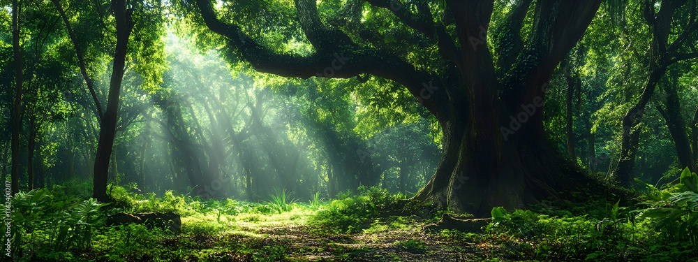 Poster rustic enchanted forest with large trees and tropical greenery -