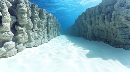 A surreal underwater canyon scene with towering rock formations and bright white sand floor under crystal-clear blue wa