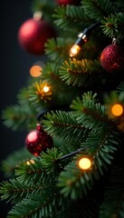 Close-up of shimmering lights on vibrant pine boughs, holiday scene , conifer, shimmering