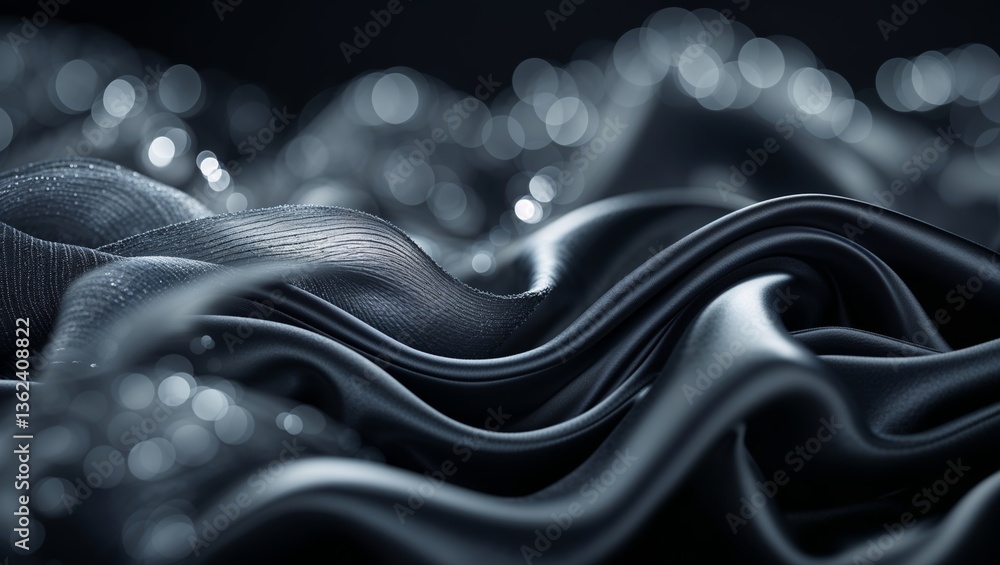 Poster elegant black fabric with smooth curves and shimmering textures in a dimly lit setup
