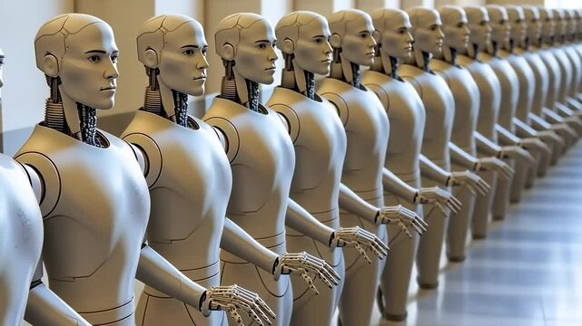 A Line of Identical Humanoid Robots Standing in a Row, Representing Technological Advancement and the Potential for Mass Production of Artificial Intelligence.