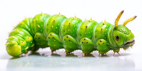 Bright Green Caterpillar Close-Up on White Background - Detailed Macro Insect Photography