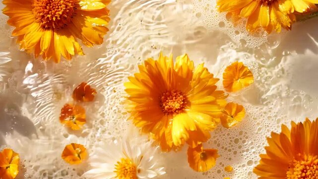 A delicate arrangement of vibrant orange and white calendula flowers floating in milky water with soft bubbles. The sunlight enhances the petals, creating a warm, dreamy, and spa-like aesthetic.