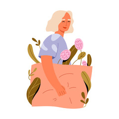 Peaceful young woman holding flowers